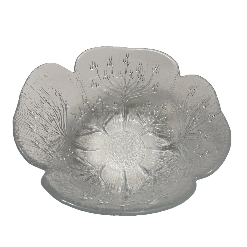 Vintage Clear Pressed Glass Serving Bowl Floral Scalloped Flower Rim 9"
